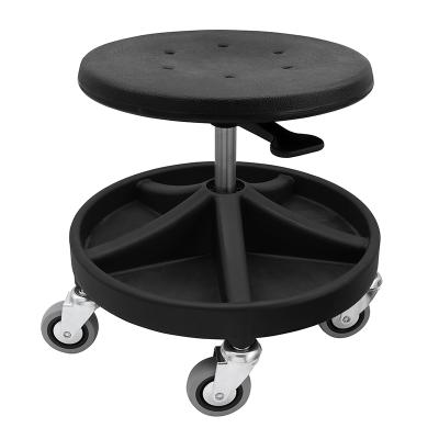 Monteringsstol/Arbetspall med säte i PU-skum, fotstöd med 5 fack, 5xØ75 hjul och höjd 350-470 mm (SVART)